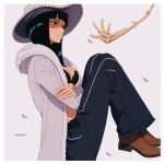  1girl bad_id bad_twitter_id black_bra blunt_bangs bra brown_shoes closed_mouth coat cowboy_shot devil_fruit_power extra_arms fur-trimmed_coat fur_trim hat highres medium_hair nico_robin one_piece pants pink_petals prixmal profile shoes simple_background sitting solo underwear white_background white_coat white_hat 