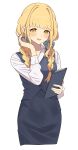  07nono06 1girl absurdres black_skirt black_vest blonde_hair blush bow braid clipboard cropped_legs dress_shirt fujita_kotone gakuen_idolmaster green_bow hair_bow highres holding holding_clipboard idolmaster long_hair office_lady shirt simple_background skirt smile solo twin_braids vest white_background white_shirt yellow_eyes 