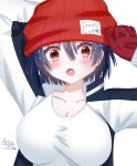  1girl arisuuuuu.1436 arm_behind_head beanie black_hair breasts brown_eyes clothes_writing commentary_request commission gloves hair_between_eyes hat highres izumo_fuuko jacket knit_hat large_breasts long_sleeves looking_at_viewer open_clothes open_jacket open_mouth red_gloves red_hat shirt short_hair simple_background solo surprised undead_unluck upper_body white_background white_shirt 