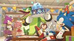  1girl 4boys absurdres amy_rose birthday_cake blue_fur body_fur cake chair character_request confetti dress food group_picture happy_birthday headphones highres holding indoors multiple_boys official_art on_chair pink_fur red_dress sitting sonic_(series) sonic_riders_(series) sonic_the_hedgehog standing 