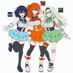  3girls :d ai-generated asymmetrical_hair bare_shoulders beniyama_kohna black_bow black_bowtie black_hair_ornament black_hairband black_thighhighs blue_dress blue_eyes blue_hair boots bow bowtie breasts brooch chronicle_of_myers closed_mouth death_knight_(warcraft) dress frilled_dress frills gloves green_bow green_dress green_hair grey_gloves hairband highres hoshino_ryoko_(chronicle_of_myers) idol idol_clothes jewelry jo_shin_ogi large_breasts long_hair looking_at_viewer multiple_girls one_side_up open-mouth_smile open_mouth orange_dress orange_hair ponytail red_bow shoes short_hair side_ponytail skirt sleeveless sleeveless_dress smile standing standing_on_one_leg stellus_keirich teeth thigh_strap thighhighs thighs upper_teeth_only v warcraft white_gloves world_of_warcraft zettai_ryouiki 