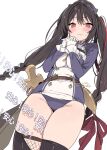  1girl anshinin_misa black_hair black_thighhighs blade_(galaxist) blush braid breasts closed_mouth commentary_request danmaku_comments fishnet_thighhighs fishnets frilled_sleeves frills gloves groin hair_between_eyes highres interlocked_fingers jacket large_breasts long_hair long_sleeves looking_at_viewer looking_down multicolored_hair no_pants own_hands_clasped own_hands_together panties purple_jacket purple_panties red_eyes red_hair simple_background solo streaked_hair sweat thighhighs translation_request twintails underwear vee_(vtuber) very_long_hair virtual_youtuber wavy_mouth white_background white_gloves 