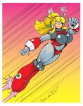  1girl antennae arm_guards armor armored_boots armored_gloves arms_up bikini_armor blonde_hair blue_eyes boots bracer breastplate breasts clenched_hand cuirass flying gradient_background green_ribbon hair_ribbon hairband headphones highres hyper_roll_(marvel_vs._capcom) jet_boots joints knee_boots large_breasts long_hair looking_at_viewer marvel_vs._capcom mechanical_arms mechanical_boots mechanical_legs mega_man_(classic) mega_man_(series) pink_background plate_armor ponytail pumpkinsareholy radio_antenna red_armor ribbon robot robot_girl robot_joints roll_(mega_man) shoulder_armor sidelocks smile solo two-tone_background yellow_background 