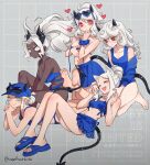  5girls :d ^_^ absurdres bikini black_horns blue_bikini blue_hat blue_one-piece_swimsuit blue_skirt breasts cerberus_(helltaker) closed_eyes closed_mouth dark-skinned_female dark_skin demon_girl demon_horns eyewear_on_head eyewear_on_headwear glasses grey_background grey_eyes hat heart heart-shaped_eyewear heart-shaped_pupils helltaker highres horns judgement_(helltaker) justice_(helltaker) large_breasts long_hair looking_at_viewer lying modeus_(helltaker) multiple_girls noah_(tettsui-sole) on_stomach one-piece_swimsuit pandemonica_(helltaker) red_eyes round_eyewear sitting skirt smile sunglasses swimsuit symbol-shaped_pupils white_eyes white_hair 