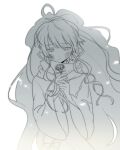  1girl aaniko bow character_request chinese_commentary commentary_request cowboy_shot downturned_eyes floating_hair flower greyscale high_ponytail holding holding_flower kagerou_project light_smile long_hair long_sidelocks long_sleeves looking_at_flowers monochrome ponytail scales scarf sidelocks simple_background snowing solo standing very_long_hair wavy_hair white_background wide_sleeves wind 