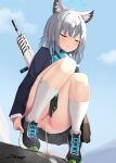 1girl absurdres akinoji_(akiponpon27) animal_ear_fluff animal_ears ass assault_rifle bag blazer blue_archive blue_scarf buttoned_cuffs buttons censored closed_eyes collared_shirt commentary_request cross_hair_ornament extra_ears gun hair_between_eyes hair_ornament halo highres jacket kneehighs long_sleeves looking_at_viewer medium_hair mismatched_pupils mosaic_censoring panties pantyshot peeing peeing_self plaid_clothes plaid_skirt pleated_skirt pussy rifle scarf school_bag school_uniform shiroko_(blue_archive) shirt shoes sidelocks sig_556 sig_sauer skirt sneakers socks solo squatting tiptoes u_u underwear weapon white_socks wolf_ears wolf_girl 