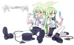  2girls :d artist_collaboration bare_arms belt black_boots black_ribbon black_shorts black_skirt blue_archive blush boots commentary_request demon_tail fang food gloves green_hair green_halo hair_between_eyes halo hat highres hikari_(blue_archive) long_hair looking_at_viewer multiple_girls neck_ribbon nozomi_(blue_archive) nuurise2023 open_mouth pantyhose pantyhose_under_shorts pointy_ears popsicle ribbon shirt short_shorts short_sleeves shorts simple_background sitting skin_fang skirt smile tail twintails undone_neck_ribbon unworn_hat unworn_headwear very_long_hair white_background white_gloves white_pantyhose white_shirt yellow_eyes yoku_soy 