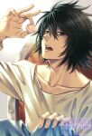  1boy aogiyuki bags_under_eyes black_eyes black_hair blue_pants chair collarbone commentary_request death_note food hand_on_own_knee highres holding holding_food l_(death_note) looking_at_viewer looking_to_the_side macaron male_focus on_chair open_mouth pants shirt short_hair sitting solo teeth twitter_username upper_body white_background white_shirt 