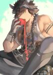  1boy animal_ears arknights bara blood_w braid chinese_commentary commentary_request cow_boy cow_ears cow_horns diffraction_spikes eating food fruit gloves highres holding holding_food holding_fruit horns looking_at_viewer male_focus muscular muscular_male open_mouth pectorals shirt sitting sleeveless sleeveless_shirt tomato visor_cap wan_qing_(arknights) wan_qing_(tons_of_sunshine)_(arknights) white_gloves 