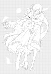  2girls ^_^ aaniko ahoge apron arms_around_neck boots buttons character_request chinese_commentary closed_eyes commentary_request dress flats frilled_apron frilled_dress frills fringe_trim full_body grey_background hair_between_eyes hair_ornament hairclip halftone halftone_background happy highres hug kagerou_project leaf long_dress long_hair long_sleeves medium_skirt multiple_girls open_mouth pleated_dress puffy_short_sleeves puffy_sleeves ribbon-trimmed_skirt ribbon_trim scarf short_hair short_sleeves skirt sleeve_cuffs smile three-quarter_sleeves very_long_hair wavy_hair 