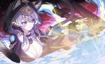  1girl animal_ear_fluff animal_ears animal_hood black_gloves black_leotard blue_eyes breasts cat_ears cat_girl cat_hood cat_tail cipher_(honkai:_star_rail) cleavage commentary fingerless_gloves gloves grey_hair highres honkai:_star_rail honkai_(series) hood kephale_(honkai:_star_rail) kyundoo leotard lying mole mole_on_breast on_side solo symbol-only_commentary tail 