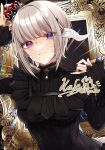  1girl au_ra black_choker black_shirt choker commission crown dragon_girl dragon_horns dragon_tail final_fantasy final_fantasy_xiv fliz_ts grey_hair highres horns long_sleeves looking_at_viewer mini_crown picture_frame purple_eyes scales shirt short_hair signature skeb_commission smile solo tail warrior_of_light_(ff14) 