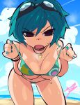  1girl aetherion beach bikini bikini_pull black_eyes blue_hair blue_sky breasts clothes_pull cloud cloudy_sky english_commentary goggles goggles_on_head highres looking_at_viewer open_mouth outdoors ramona_v_flowers scott_pilgrim short_hair sky solo swimsuit v-shaped_eyebrows 
