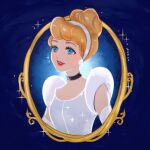 1girl animification blonde_hair blue_dress blue_eyes choker cinderella_(disney_character) cinderella_(disney_movie) dress earrings elbow_gloves gloves gown hair_bun hairband jewelry looking_at_viewer meecosme princess princess_dress short_hair smile solo 