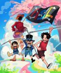  3boys aged_down arm_up arms_up black_hair black_hat blonde_hair blue_jacket blue_shorts blue_sky boots brown_shorts cherry_blossoms child cloud cloudy_sky commentary falling_petals flag flower from_behind fur-trimmed_shorts fur_trim goggles goggles_on_headwear hand_on_own_hip hat highres holding holding_flag holding_lead_pipe jacket ki2ri5 lead_pipe monkey_d._luffy multiple_boys one_piece open_clothes open_jacket open_mouth petals portgas_d._ace purple_sash red_shirt running sabo_(one_piece) sandals sash shirt short_hair shorts sky sleeveless sleeveless_shirt smile standing straw_hat symbol-only_commentary white_flower yellow_shorts 