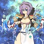 1girl argyle_clothes argyle_dress belt blue_background blue_belt blue_eyes blue_gemstone blue_hairband breasts bubble commentary_request cowboy_shot detached_sleeves dress fur_collar gem glasses hairband highres hydrokinesis looking_at_viewer medium_breasts navel open_mouth pearl_hair_ornament purple_hair ragnarok_iris ragnarok_online rimless_eyewear side_slit sleeveless sleeveless_dress solo sorcerer_(ragnarok_online) water white_dress white_sleeves 