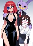  1boy 2girls absurdres animal_ears black_dress blue_eyes blush breasts brown_hair button_eyes buttons closed_mouth colored_sclera colored_skin colored_teeth dress highres jax_(the_amazing_digital_circus) jewelry multicolored_eyes multiple_girls necklace nico-neko pearl_necklace pomni_(the_amazing_digital_circus) rabbit_boy rabbit_ears ragatha_(the_amazing_digital_circus) red_eyes red_hair shirt short_hair skirt smile suit teeth the_amazing_digital_circus white_shirt yellow_sclera yellow_teeth 