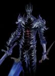  1other absurdres armor black_background cowboy_shot dual_wielding elden_ring elden_ring_nightreign extra_arms full_armor gauntlets glowing glowing_sword glowing_weapon great_rune_(elden_ring) greatsword helmet heolstor_the_nightlord highres holding holding_sword holding_weapon shl_shalopai shoulder_armor solo sword triple_wielding weapon 