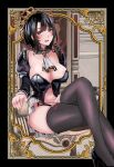  1girl alternate_costume asyuri black_hair black_thighhighs blush breasts crossed_legs garter_straps highres kantai_collection large_breasts looking_at_viewer open_mouth red_eyes short_hair sitting sitting_on_throne smile solo takao_(kancolle) thighhighs throne throne_room underwear underwear_only 