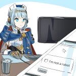  1girl android blue_eyes blue_hair cape captcha closed_mouth computer computer_mouse cursor english_commentary gears genshin_impact hat highres ineffa_(genshin_impact) joints junebuart monitor mousepad_(object) robot_joints signature simple_background solo table upper_body 