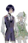  1boy 1girl alternate_costume arms_at_sides black_undershirt blunt_ends blush bodysuit bow buttons closed_mouth collared_shirt colored_inner_hair contemporary corset cross-laced_clothes cross-laced_corset cross-shaped_pupils double-breasted eyelashes eyeliner eyeshadow formal_clothes garter_belt genshin_impact gold_trim green_bow green_corset green_eyes green_hair green_jacket green_nails green_skirt green_sleeves hair_between_eyes hair_intakes hair_ornament half_crown_braid height_difference highres holding_hands hoshino_01074 jacket lapels layered_skirt leaf leaf_hair_ornament light_blush long_hair long_sleeves looking_at_another looking_to_the_side makeup multicolored_hair nahida_(genshin_impact) necktie open_mouth pointy_ears purple_eyes purple_hair purple_nails purple_necktie purple_shorts purple_vest red_eyeliner red_eyeshadow scaramouche_(genshin_impact) shirt shorts side_ponytail sidelocks skirt symbol-shaped_pupils thighhighs turtleneck turtleneck_bodysuit uneven_eyes vest white_background white_hair white_shirt white_skirt white_sleeves white_thighhighs wispy_bangs yellow_pupils 