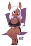 absurd_res anthro b0liy0 beverage big_breasts black_clothing black_dress bracelet breasts canid canine canis chihuahua choker clothing coffee coffee_cup collar_tag container cup domestic_dog dress feet female hair hi_res jewelry mammal necklace office_lady short_stack simple_background solo solo_focus tan_body tan_skin toes toy_dog white_hair yoli_(b0liy0)