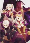  2boys 2girls aftergardens alternate_costume armor bare_shoulders black_gloves book breasts brown_eyes class_change collar dual_persona fingerless_gloves fire_emblem fire_emblem_awakening gloves highres holding holding_book long_hair medium_breasts midriff multiple_boys multiple_girls multiple_persona navel open_mouth robin_(fire_emblem) robin_(fire_emblem)_(female) robin_(fire_emblem)_(male) see-through smile tiara twintails veil white_hair 