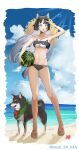  1girl :o absurdres animal_ears arknights arm_up bandeau bangs bare_arms bare_legs bare_shoulders bikini black_bikini black_hair blue_sky blunt_bangs breasts buratto_(bloot_24_sas) cloud commentary day dog dog_ears food fruit full_body grey_eyes highres holding holding_food holding_fruit long_hair looking_at_viewer navel parted_lips saga_(arknights) sandals sky small_breasts solo standing starfish stomach strapless strapless_bikini swimsuit thighs tube_top very_long_hair watermelon 