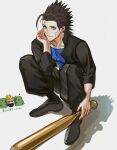  2boys bandaid bandaid_on_cheek bandaid_on_face baseball_bat black_hair black_jacket black_pants black_shoes blonde_hair blue_eyes blue_shirt bush chibi chibi_inset closed_mouth cloud_strife commentary_request delinquent final_fantasy final_fantasy_vii final_fantasy_vii_ever_crisis full_body gakuran grey_background holding holding_baseball_bat jacket jewelry kaz0u0 looking_at_viewer male_focus multiple_boys necklace official_alternate_costume pants school_uniform shirt shoes simple_background smile solo_focus spiked_hair squatting sunglasses zack_fair zack_fair_(midgard_seventh_high_school) 