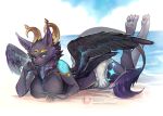 2_horns 4_wings anthro athletic athletic_anthro balnurk beach bedroom_eyes big_breasts black_wings blue_eyes breasts clean_diaper cloth_diaper clothed clothing crescent_moon curved_horn curvy_figure diaper diaper_fetish digital_media_(artwork) dragon feathered_wings feathers fur glowing glowing_eyes glowing_markings grey_body grey_fur grey_pawpads gynomorph gynomorph_anthro horn hourglass_figure intersex intersex_anthro inviting looking_at_viewer lying markings moon mostly_clothed multi_wing mythological_creature mythological_scalie mythology narrowed_eyes naughty_face neck_tuft on_front pawpads paws scalie sea seaside seductive shoreline simple_background slim small_waist solo tail tail_tuft tuft unusual_anatomy unusual_horn water wearing_diaper white_diaper wide_hipped_anthro wings