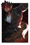  1boy animal_ears bara black_jacket black_pants earrings english_commentary from_side gael_(gaelbagel) highres jacket jewelry komano_manato leather leather_jacket looking_back male_focus multicolored_hair necklace pants pectorals profile scar scar_across_eye scar_on_face shirt tail twitter_username white_shirt wolf_boy wolf_ears wolf_tail zenless_zone_zero 