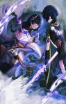  1boy 1girl absurdres arm_at_side armor black_bodysuit black_hair black_kimono black_shorts black_shrug black_sleeves black_thighhighs blunt_bangs blunt_ends bodysuit bridal_gauntlets bug butterfly chinese_knot closed_mouth electro_symbol_(genshin_impact) flower furisode genshin_impact gold gold_ring gold_trim hair_flower hair_ornament highres holding holding_sword holding_weapon hole_in_chest hole_on_body japanese_armor japanese_clothes jewelry juban kimono kimono_skirt kote kurokote layered_sleeves long_hair looking_at_another low-braided_long_hair low-tied_long_hair lying middle_ring mitsudomoe_(shape) momogourami mother_and_son multicolored_hair musou_isshin_(genshin_impact) neck_ring obi obiage obijime off_shoulder on_back pelvic_curtain plant pom_pom_(clothes) purple_bag purple_bridal_gauntlets purple_butterfly purple_electricity purple_eyes purple_flower purple_hair purple_kimono purple_nails purple_sash purple_sleeves raiden_shogun red_kimono red_sash sash scaramouche_(genshin_impact) short_sleeves shorts shrug_(clothing) single_sidelock single_sode sleeve_rolled_up smile standing streaked_hair string sword tassel tassel_hair_ornament thighhighs tomoe_(symbol) turtleneck turtleneck_bodysuit vision_(genshin_impact) weapon white_kimono white_trim wide_sleeves 