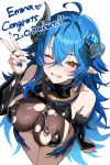  1girl ahoge bare_shoulders black_bridal_gauntlets blue_hair blue_nails blue_wings blush breasts bridal_gauntlets broken_horn chain collar fur_trim hair_between_eyes highres hominamia horns indie_virtual_youtuber large_breasts leotard low_wings metal_collar mole mole_on_breast one_eye_closed orange_eyes oumiya_emma oumiya_emma_(2.0) pointy_ears see-through_cleavage see-through_clothes smile solo torn_clothes torn_leotard v virtual_youtuber wings 