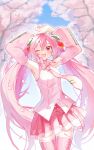  1girl absurdres armpits arms_up blush breasts cherry_blossoms detached_sleeves falling_petals food-themed_hair_ornament fruit_hair_ornament hair_between_eyes hair_ornament hatsune_miku highres long_hair long_sleeves mani_(manidrawings) medium_breasts necktie official_alternate_costume official_alternate_hairstyle one_eye_closed open_mouth petals pink_eyes pink_hair pink_nails pink_necktie pink_shirt pink_thighhighs pleated_skirt sakura_miku shirt skirt sleeveless sleeveless_shirt smile solo thighhighs twintails very_long_hair vocaloid wide_sleeves 