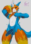 2025 anthro armor athletic athletic_anthro athletic_male balls bandai_namco blue_body clothed clothing clothing_lift crop_top digimon digimon_(species) digital_drawing_(artwork) digital_media_(artwork) dragon erection evolution evolution_(transformation) flamedramon genital_growth genitals growth headgear helmet hi_res humanoid_genitalia humanoid_penis looking_at_viewer low-angle_view male midriff mythological_creature mythological_scalie mythology navel negy penile penis penis_growth presenting raised_arm raised_clothing red_eyes scalie shirt shirt_lift simple_background slim solo tail topwear transformation vein veiny_penis white_background wireframe