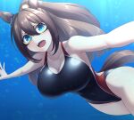  1girl animal_ears black_swimsuit blue_eyes breasts brown_hair competition_swimsuit cowboy_shot domino_mask el_condor_pasa_(umamusume) freediving highres horse_ears horse_girl horse_tail large_breasts long_hair looking_at_viewer mask one-piece_swimsuit open_mouth outstretched_arms pataneet solo swimsuit tail teeth umamusume underwater upper_teeth 
