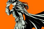  1boy cloak commentary_request dragon_quest dragon_quest_x floating_clothes floating_hair gloves greyscale_with_colored_background hand_on_headwear jewelry kurouzu_(dq10) long_hair looking_at_viewer looking_to_the_side male_focus necklace orange_background ozogori_(user_tzaz2447) profile smile solo tooth_necklace tunic upper_body vest 