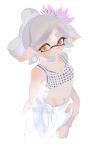  1girl bow-shaped_hair closed_mouth commentary earrings eyelashes highres hoop_earrings inkling jewelry marie_(splatoon) medium_hair mole mole_under_eye navel pointy_ears short_eyebrows simple_background solo splatoon_(series) standing star-shaped_pupils star_(symbol) swimsuit symbol-shaped_pupils tentacle_hair thick_eyebrows tobayeru white_background yellow_pupils 