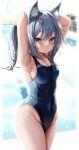  1girl :o animal_ear_fluff animal_ears arms_behind_head blue_archive blue_eyes blurry blurry_background breasts commentary_request competition_swimsuit covered_navel cross_hair_ornament grey_hair hair_ornament halo highres kokuto_(kurousagi1210) looking_at_viewer medium_breasts medium_hair one-piece_swimsuit outdoors parted_lips pool shiroko_(blue_archive) shiroko_(swimsuit)_(blue_archive) solo swimsuit thighs wet wet_clothes wet_swimsuit 