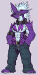 abs absurd_res alternative_fashion anthro bass_(toxtricity) belt biceps biped bottomwear breasts clothed clothing generation_8_pokemon hatching_(art) hi_res jwbash lizard low_key_toxtricity male multicolored_body muscular muscular_anthro muscular_male nintendo oversized_bottomwear oversized_clothing oversized_pants pants pecs pokemon pokemon_(species) punk purple_body reptile scalie scarf shaded simple_background solo standing topless toxtricity two_tone_body