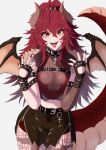  1girl absurdres black_gloves black_nails black_skirt breasts cleavage dragon_girl dragon_horns dragon_tail fingerless_gloves gloves highres horns large_breasts long_hair looking_at_viewer meibin nail_polish open_mouth pantyhose ponytail red_hair red_shirt shirt skirt smile solo tail tongue tongue_out torn_clothes torn_pantyhose virtual_youtuber vshojo yellow_eyes zentreya zentreya_(dragon) zentreya_(dragon)_(1st_costume) 