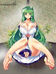  1girl architecture areola_slip barefoot between_legs blush bow bow_bra bra breasts closed_mouth collarbone detached_sleeves east_asian_architecture feet foot_focus frilled_bra frills frog_hair_ornament green_eyes green_hair hair_ornament hair_tubes hand_between_legs highres huge_breasts indoors kochiya_sanae lace-trimmed_bra lace_trim leaf_print long_hair looking_at_viewer nontraditional_miko pixiv_id pixiv_username plant shiny_skin signature single_hair_tube sitting smile snake_hair_ornament solo touhou twitter_username umigarasu_(kitsune1963) underboob underwear very_long_hair white_bra wooden_floor 