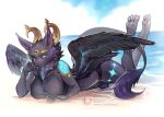 2_horns 4_wings anthro athletic athletic_anthro balnurk beach bedroom_eyes big_breasts black_clothing black_panties black_underwear black_wings blue_eyes breasts bulge clothing crescent_moon curved_horn curvy_figure digital_media_(artwork) dragon feathered_wings feathers fur glowing glowing_eyes glowing_markings grey_body grey_fur grey_pawpads gynomorph gynomorph_anthro horn hourglass_figure intersex intersex_anthro inviting looking_at_viewer lying markings moon mostly_clothed multi_wing mythological_creature mythological_scalie mythology narrowed_eyes naughty_face neck_tuft on_front panties pawpads paws scalie sea seaside seductive shoreline simple_background slim small_waist solo tail tail_tuft tuft underwear unusual_anatomy unusual_horn water wide_hipped_anthro wings