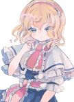  1girl alice_margatroid blonde_hair blue_dress blue_eyes blush capelet closed_mouth dress expressionless frills hair_between_eyes hairband hand_up heart hiyuu_(hiyualice) lolita_hairband looking_at_viewer medium_hair neckerchief red_neckerchief short_sleeves solo touhou upper_body white_background white_capelet 