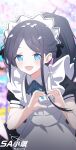  1girl :d absurdres apron aqua_eyes aqua_halo aris_(blue_archive) aris_(maid)_(blue_archive) artist_logo artist_name asymmetrical_sidelocks back_bow black_dress black_hair blue_archive blue_ribbon blurry blurry_background blurry_foreground blush bow bright_pupils chinese_commentary chromatic_aberration collared_dress commentary_request contrast_collar copyright_name depth_of_field dress eyes_visible_through_hair falling_petals frilled_apron frills hair_behind_ear halo hayate_(1034853996) heart heart_hands high_ponytail highres logo long_hair long_sidelocks looking_at_viewer maid maid_apron maid_headdress neck_ribbon no_wrist_cuffs official_alternate_costume official_alternate_hairstyle open_mouth outdoors own_hands_together parted_bangs petal_on_head petals pink_petals ponytail puffy_short_sleeves puffy_sleeves rectangular_halo ribbon ringed_eyes short_sleeves sidelocks smile solo upper_body very_long_hair white_apron white_bow white_headdress 