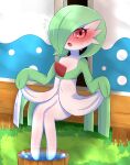  blush clothed clothing female gardevoir hi_res himimi humanoid looking_at_viewer nintendo pok&eacute;mon pok&eacute;mon_(species) raised_clothing red_eyes sitting solo video_games white_body 