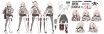 1girl asymmetrical_footwear asymmetrical_legwear beret blonde_hair bodysuit boots breasts character_name closed_umbrella full_body gloves grey_bodysuit haguruma_c hair_ornament hat high_heel_boots high_heels highres holding jacket long_hair looking_at_viewer multiple_expressions multiple_views open_mouth original reference_sheet shorts simple_background single_leg_pantyhose single_thigh_boot smile standing thigh_boots thighhighs torn_clothes turnaround umbrella white_background white_gloves 