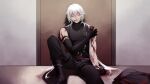  1boy a_date_with_death against_door belt black_gloves blood blood_on_arm blood_on_face blood_on_mouth casper_(a_date_with_death) closed_eyes crossed_bangs elbow_gloves foot_out_of_frame full_body gloves hand_on_own_arm highres holding_own_arm jacket jellyfish_cut knee_up male_focus medium_hair multiple_belts non-web_source official_art on_ground outstretched_leg shadow single_elbow_glove sleeveless sleeveless_turtleneck solo spotlight spread_fingers turtleneck unworn_jacket variant_set white_hair 