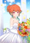  1girl absurdres bare_shoulders blue_flower blue_rose blue_sky bouquet braid braided_bun breasts choker cleavage closed_mouth cyanzan dress elbow_gloves flower gloves gradient_hair green_hair hair_bun highres holding holding_bouquet hololive hololive_english large_breasts looking_at_viewer multicolored_hair off-shoulder_dress off_shoulder orange_flower orange_hair orange_rose pillar pink_flower pink_rose purple_eyes red_flower red_rose rose sky smile solo takanashi_kiara upper_body virtual_youtuber wedding_dress white_choker white_dress white_gloves yellow_flower yellow_rose 