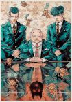  3boys 6+others absurdres alternate_costume banknote black_hair blue_eyes diamond_(shape) diamond_wa_kudakenai different_reflection dollar_bill dollar_sign earrings grey_hair harvest_(stand) higashikata_josuke highres jewelry jojo_no_kimyou_na_bouken money multicolored_hair multiple_boys multiple_girls multiple_others necktie nijimura_okuyasu on_table peace_symbol pompadour reflection reflective_table smile stand_(jojo) suit table two-tone_hair xfkart yangu_shigekiyo yen yen_sign 